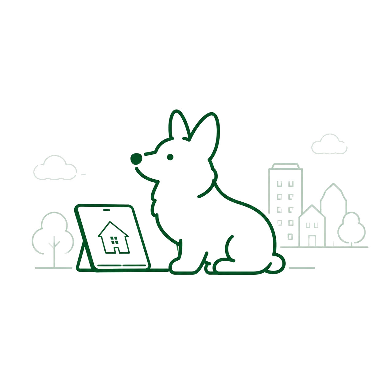 コーギーとタブレットと街並みのイラスト