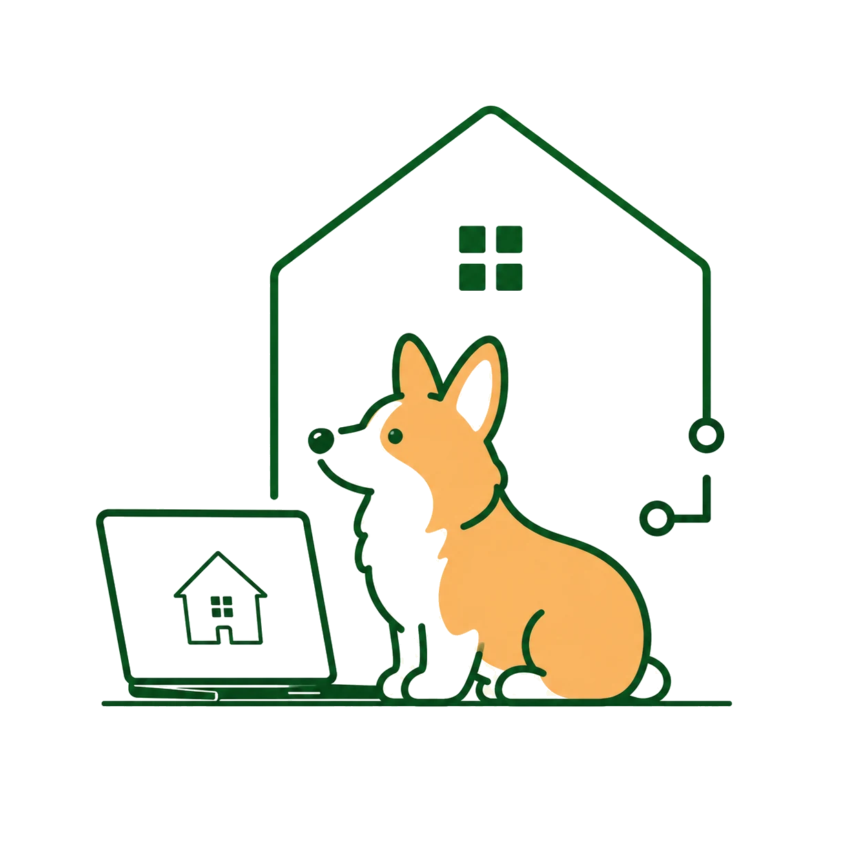 コーギーと家とラップトップのイラスト
